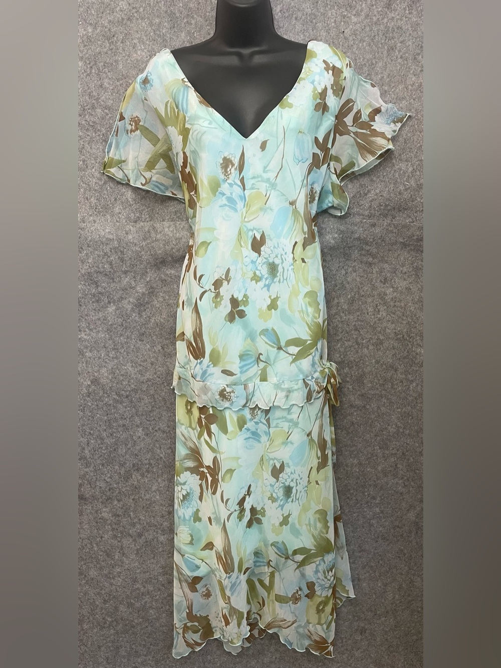 Y2K Midi Floral Sz 26W Dress Sheer Lined Floral Romantic Tiered Hem Boho Fairy